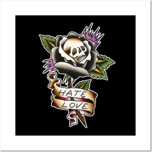 Hate Love Skull Rose Tattoo Design Posters and Art